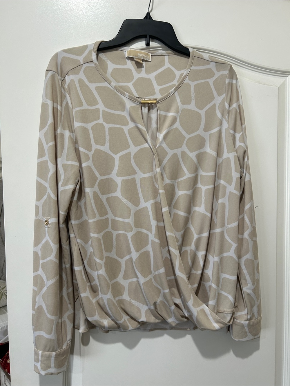 Michael Kors Beige and White Giraffe-Print Long Sleeve Top